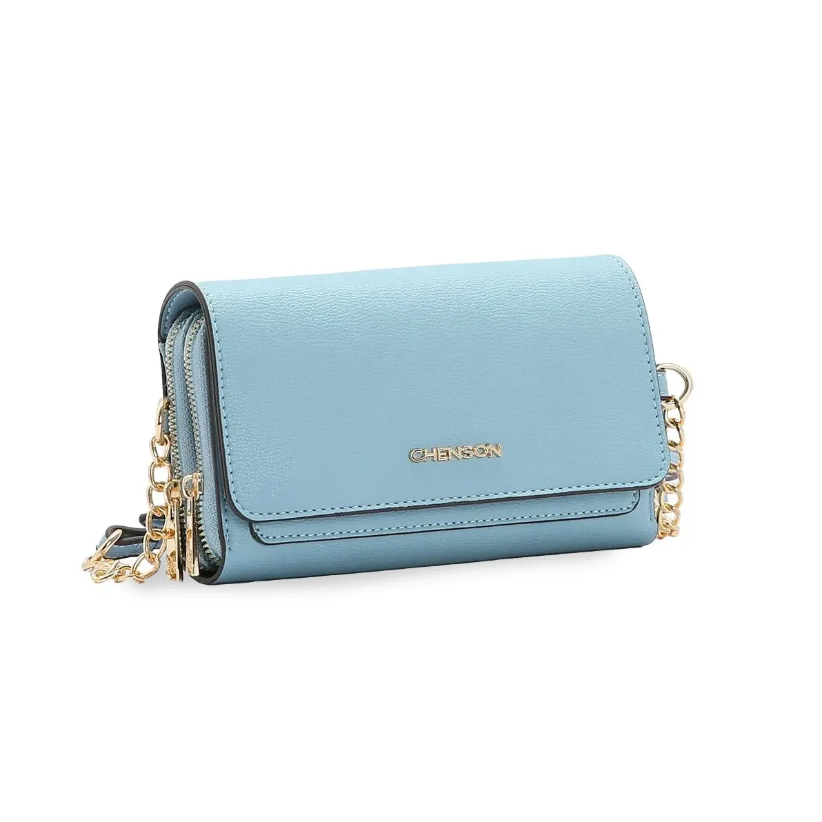 Bolsa feminina Chenson azul transversal com alça de corrente dourada e acabamento texturizado em PU
